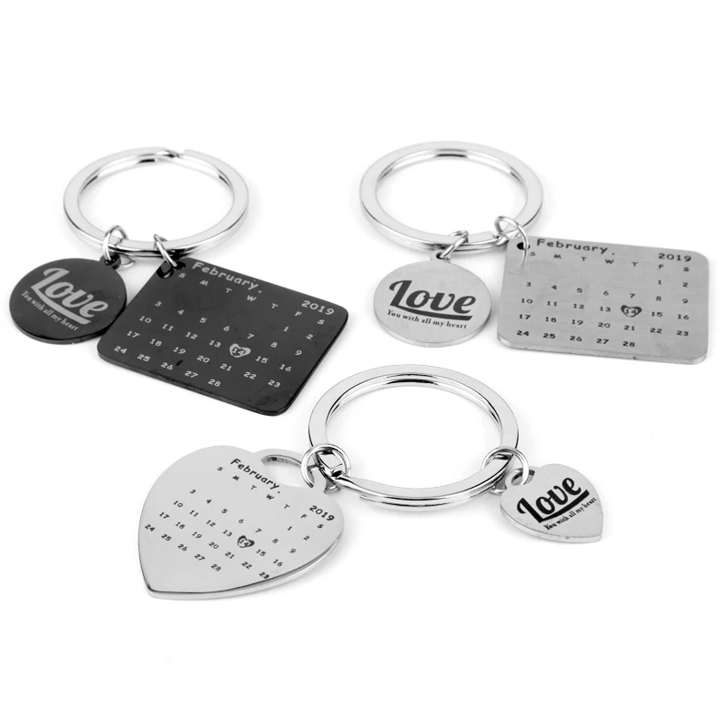 

Valentine's Day Calendar Keychain Stainless Steel Key chain Hand Stamped Calendar Date Highlighted Heart Can be Customized