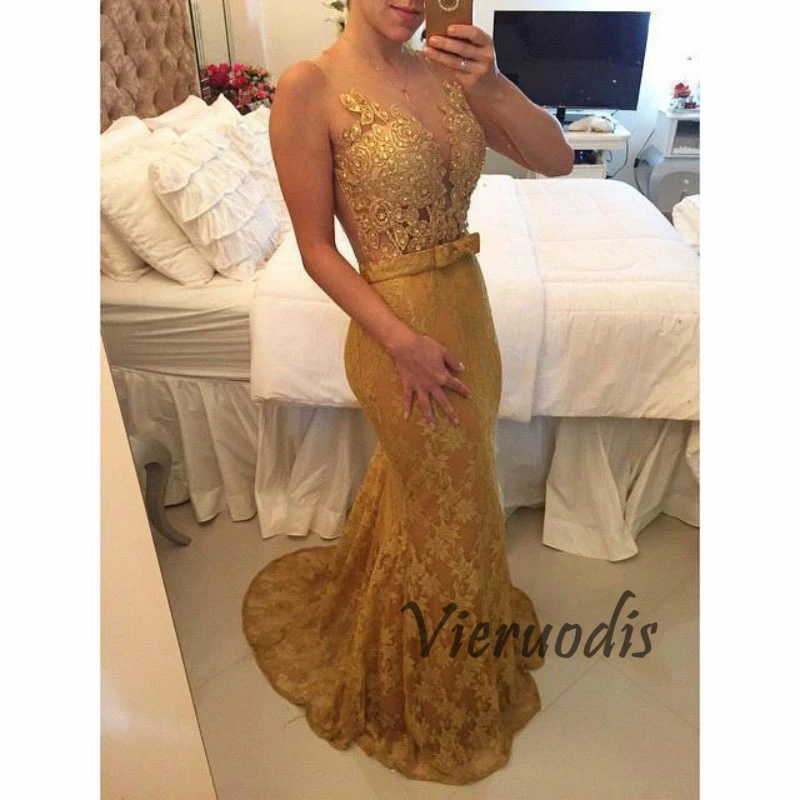 31-1                Golden Mermaid Evening Dresses Appliques Veaded Bow Knot Sashes Tulle Floor Length Party Prom Formal Gowns