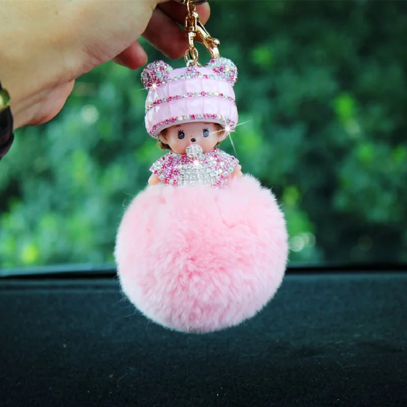 

Cartoon cute studded cute rabbit fur ball Pendant Keychain Key Ring Handbag Hang Decoration for Women
