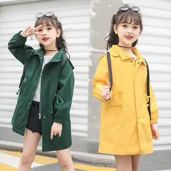 

2020 Spring Trench Coat For Girls Children Clothing Cotton Hooded Long Jacket Teenagers Kids Clothes Windbreaker Girls 4-14 Year