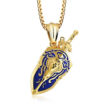 

Hip Hop Rock Gold Color Stainless Steel Lion Sword shield Men Pendant Necklace Warcraft Jewerly with 24" Chain