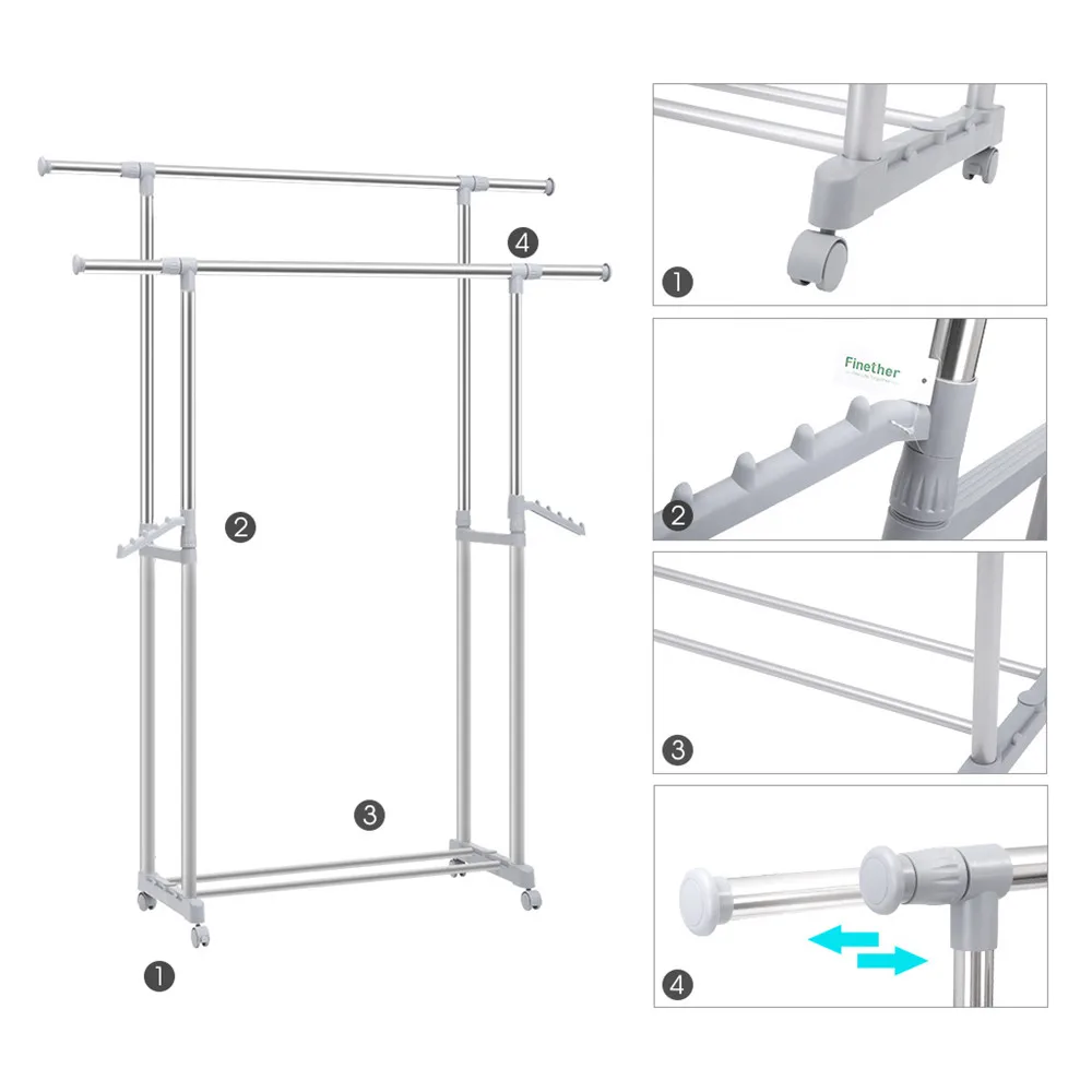 Finether Adjustable Rolling Garment Rack Clothes Storage Organization Drying Hanging Portable Wardrobe Organizer for cosmetics3