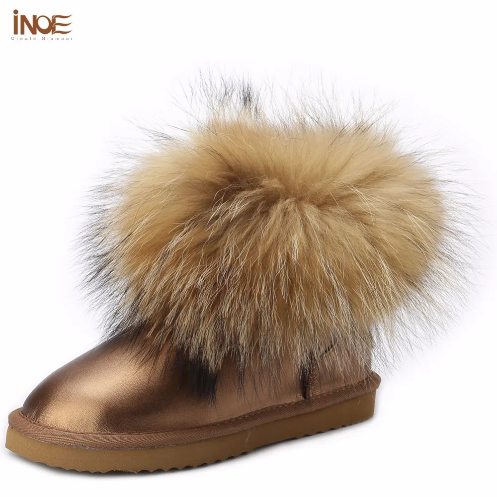 INOE real big fox fur genuine sheepskin leather waterproof big girls short ankle winter snow boots for women winter shoes flats