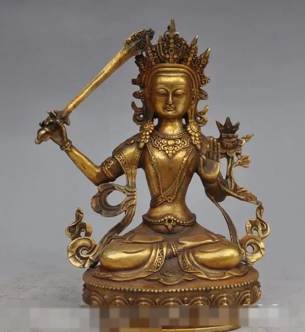 

S01717 8Tibet Buddhism Bronze gilt Manjushri Bodhisattva hold Sword god Buddha Statue (B0328)