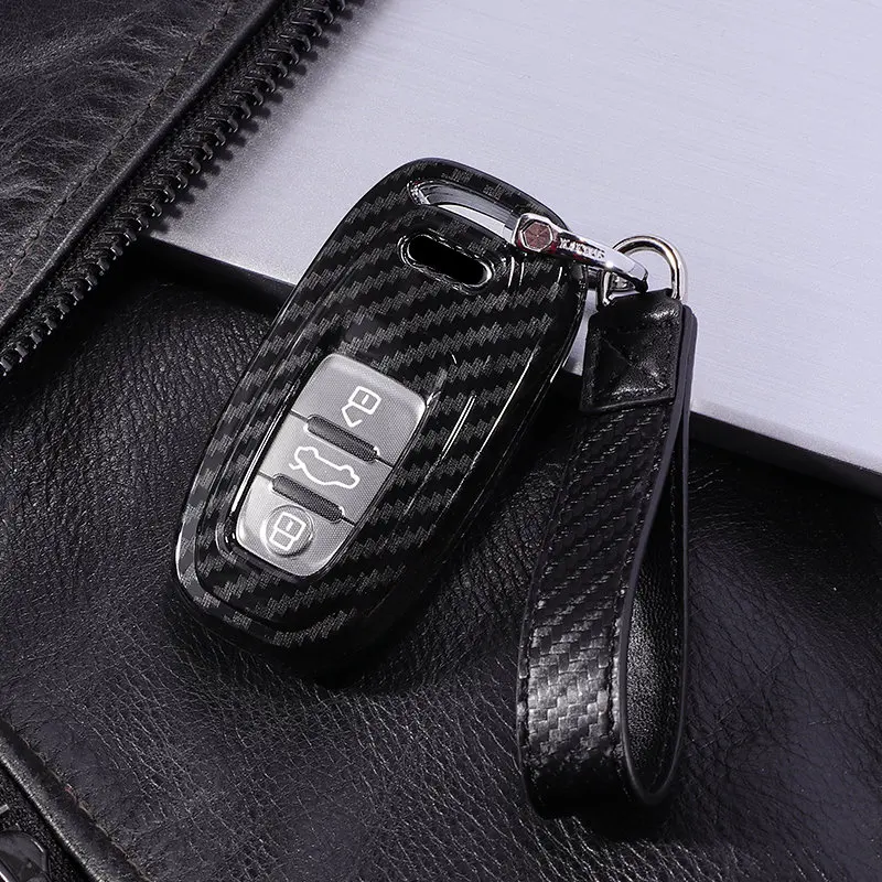 PC Carbon Fiber Fob полный защитный чехол автомобильный чехол для ключей для Audi A4 S4 B7 B8 A6 A5 A7 A8 Q5 S5 S6 Q7 авто аксессуары смарт-ключ - Название цвета: C-black keychain