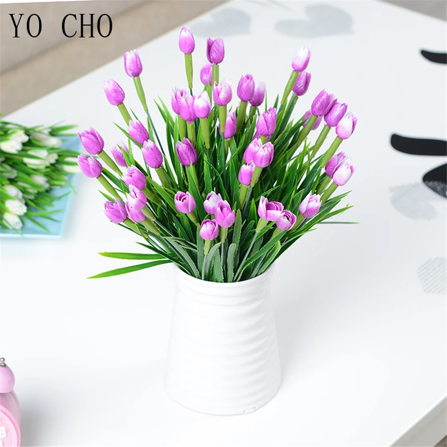 Yo Cho Artificial Plastic Small Flowers 7heads Tulip Flower Bouquet Wedding Home Decoration Fake White Flowers Green Grass Plant Artificial Dried Flowers Aliexpress