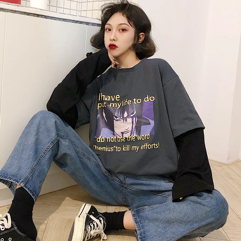 Camisetas Mujer 2019 Осенняя женская футболка в Корейском стиле Ulzzang Harajuku уличная футболка с длинными рукавами и рисунком женские топы