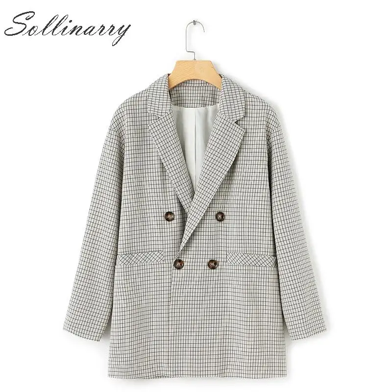 Sollinarry/модный клетчатый блейзер с длинными рукавами, двубортный осенний блейзер для женщин, пальто с карманами и пуговицами в стиле ретро