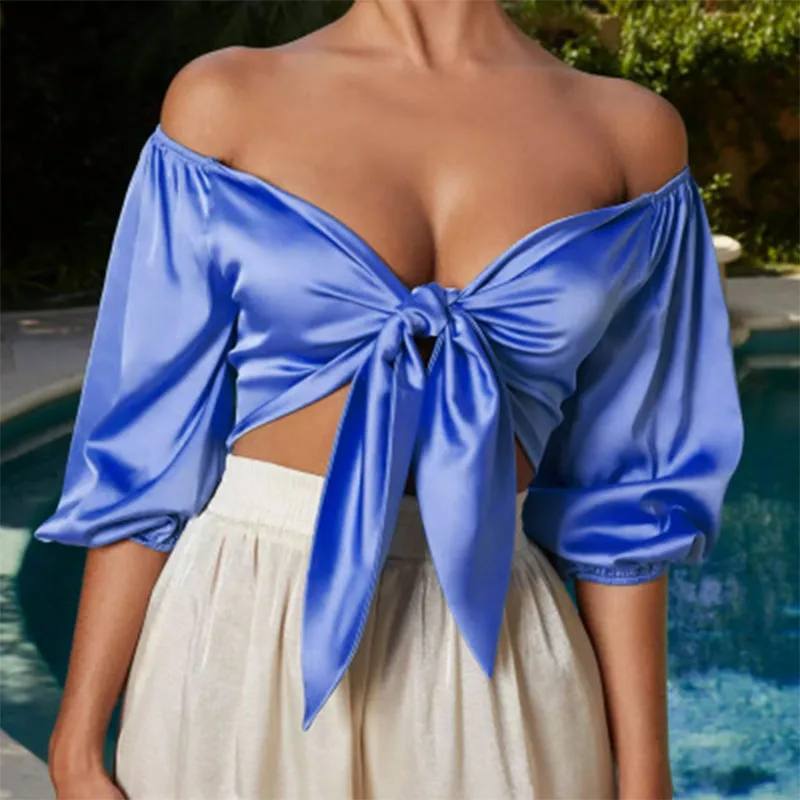 

2019 Summer New Sexy Deep V-Neck Backless Women's Tops Fashion Bow Strapless Female Half Sleeve Tees All-match Ladies Clothing