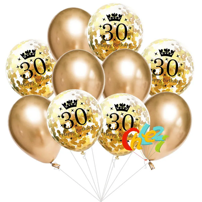 10 шт./лот 12 дюймов шар с днем рождения 18 21 30 40 50 60 юбилей Хромированные Металлические латексные конфетти шары Декор Вечерние - Цвет: Gold 30th