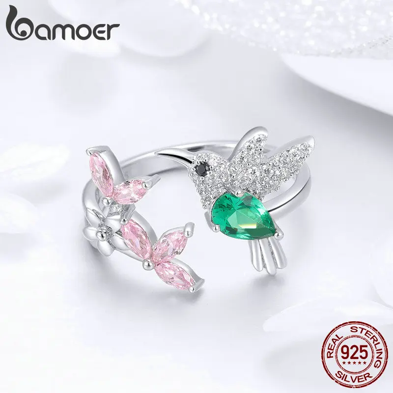 BAMOER 100% 925 Sterling Silver Adjustable Hummingbird Gift Luminous Clear CZ Finger Rings for Women Silver Jewelry BSR016