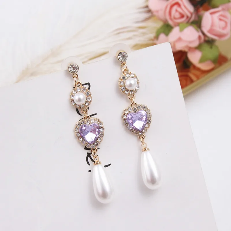 

2018 New Korean Style Jewelry Rhinestone Love Heart Earrings for Women Water Drop Simulated Pearl Long Dangle Earring 5B2031