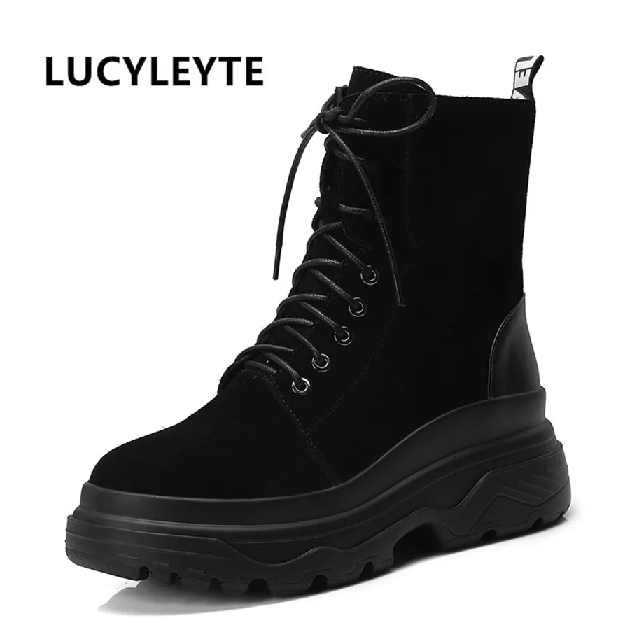 

2018 autumn and winter new tie cattle suede Martin boots round head rubber foam sole increased 6cm women's short boots 34-40