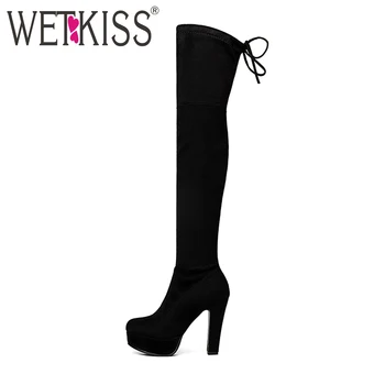 

New Arrive Suede Stretch Fabric Over the Knee Boots Women High Heels Lace Thigh High Boots Platform Female Boot Shoes Woman 2018