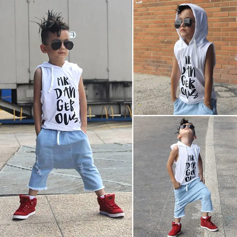 PUDCOCO Toddler Kids Baby Boys Sleeveless White Hoodies Tops+ Harem