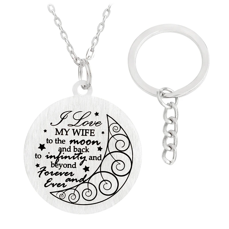 

I Love MY WIFE to the moon and back to infinity and beyond forever and even Necklace Keychain Love Key chains For Couples Lovers