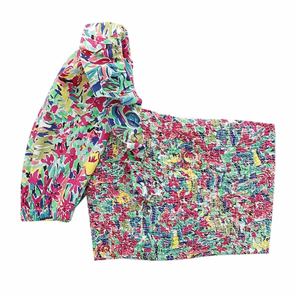 Price TXJRH Stylish Colorful Floral Print Blouse One Sleeve Ruffles Shirt Crop Tops Waist Sashes Tied Bow Shorts Skirts 2 Pieces Set