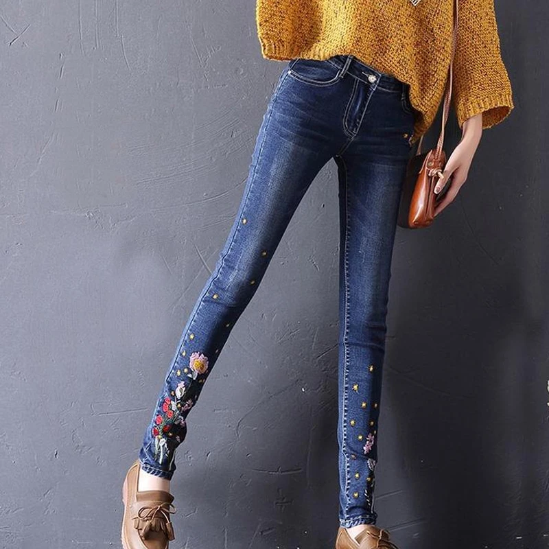

Flower Embroidered Jeans For Women Plus Size Skinny Jeans With Embroidery Elastic Vintage Floral Jeans Push Up Denim Pencil Pant