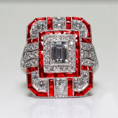 Большие размеры 6-10, модное синее/красное/зеленое/фиолетовое кольцо с квадратным камнем, хрустальное античное ювелирное изделие, модное женское обручальное кольцо - Цвет основного камня: Красный