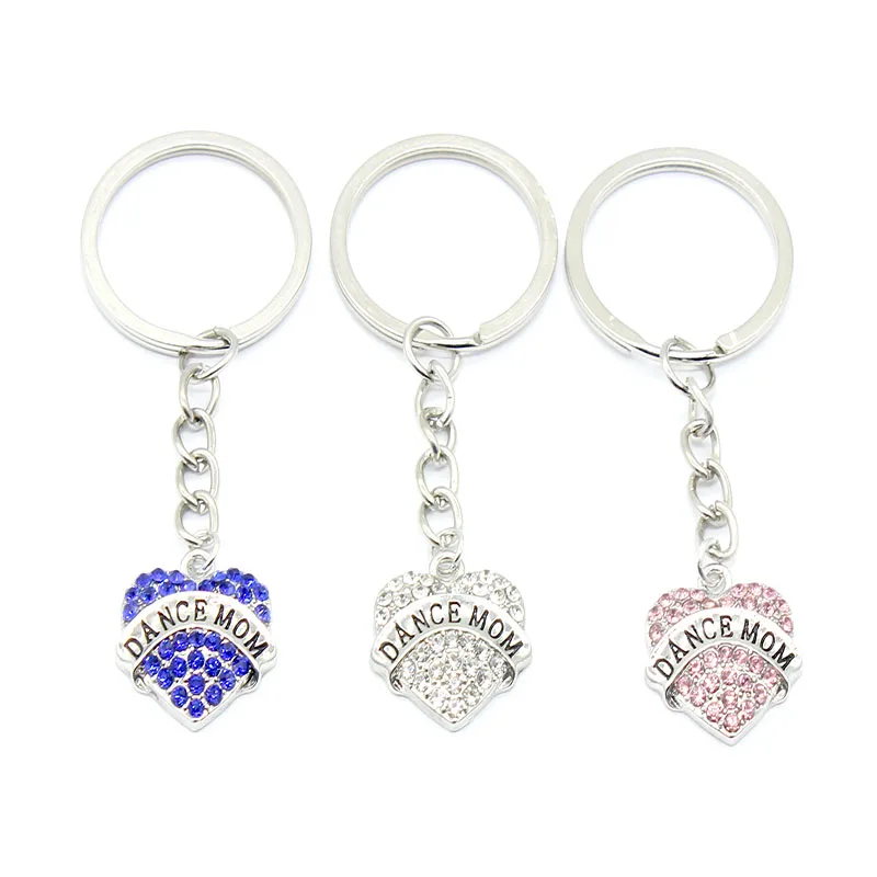 

3 Colors Fashion Design Full Crystal With Dance Mom Heart Key Chains Silver Color Chain Keychain Bag Car Hanging Pendant Jewelry