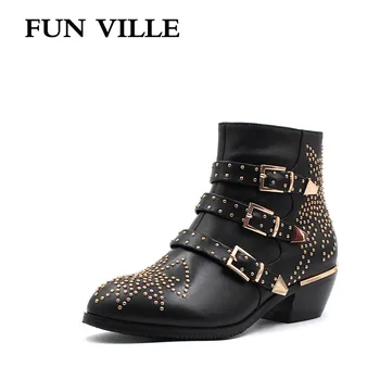 

FUN VILLE New Fashion High quality women Ankle boots Genuine leather Autumn winter Motorcycle boots Round toe Zipper Size 34-42
