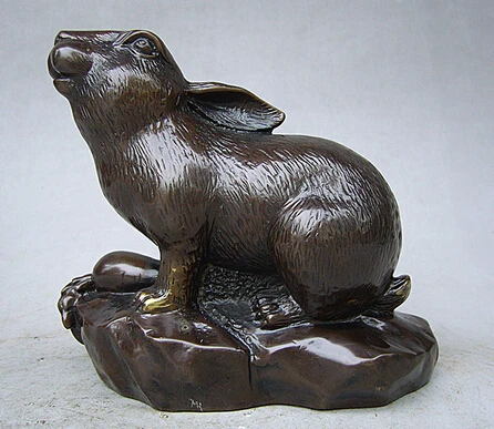 

xd 003219 6"Chinese Folk Culture Collection Pure Brass Bronze Chinese Zodiac Rabbit Statue