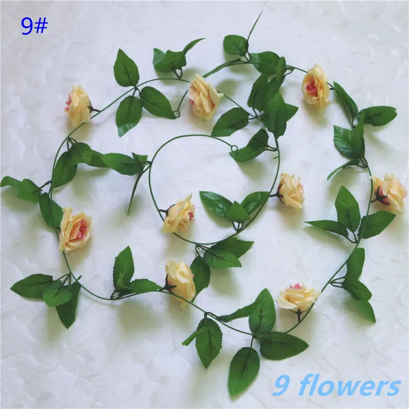 1pcs/lot 230-250cm Artificial Flowers Silk Roses Ivy Vine diy with Green Leaves Fake leaf artificial flowers for home decoration - Цвет: 9Champagne 9flower