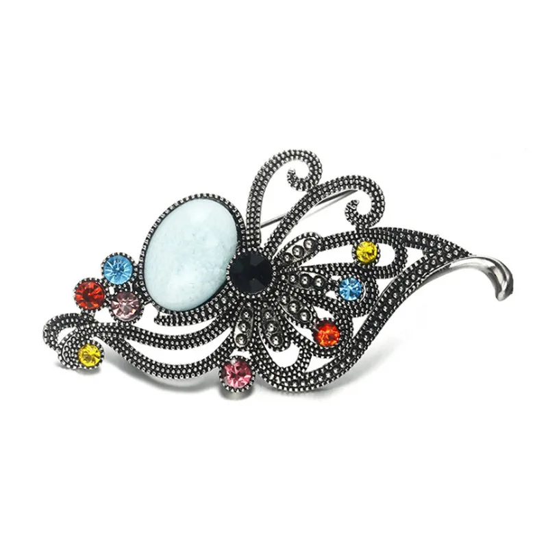 

3 Color Crystal Opal Stone Vintage Wedding Brooches Jewelry Ancient Gold Silver Big Flower Brooch For Women Fashion Bijoux Gifts