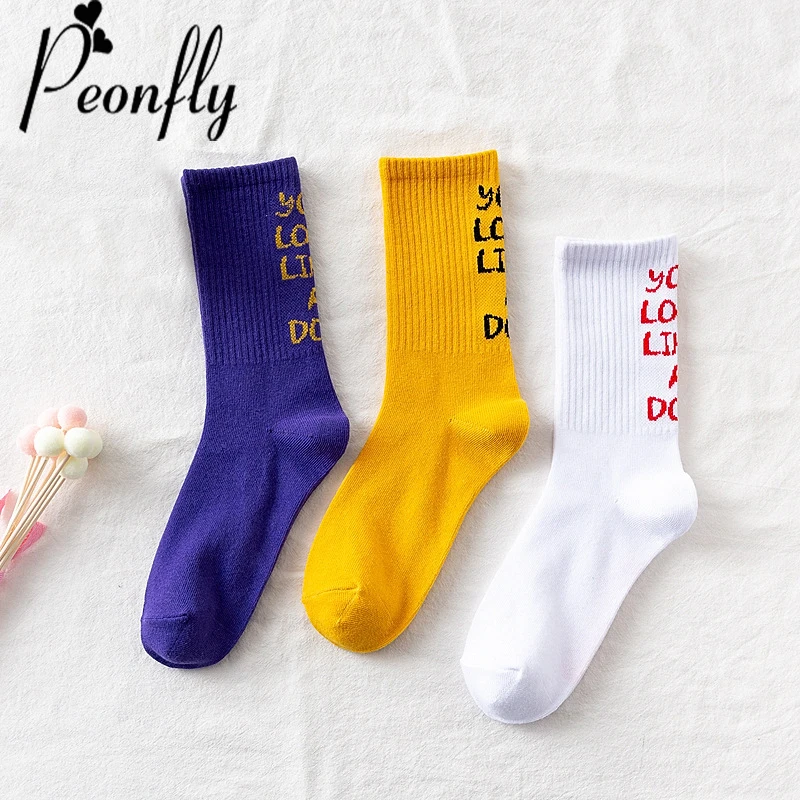 

PEONFLY fashion funny Solid Color Letter white yellow purple Women casual Socks novelty Personality Street Skate Socks