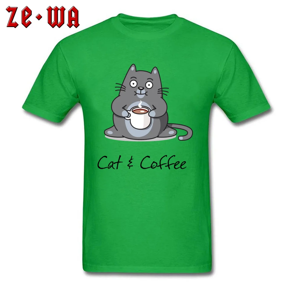 Cat and Coffee Tshirts Short Sleeve Casual Company Men VALENTINE DAY T Shirt Casual Tops T Shirt O-Neck 100% Cotton Cat and Coffee green