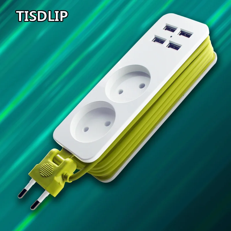 Дешево TISDLIP Мощность полосы ЕС Plug 2 AC 4 USB Порты и разъёмы расширение защита розетки от скачков напряжения Офис Электрический Удлинительный кабель с ...