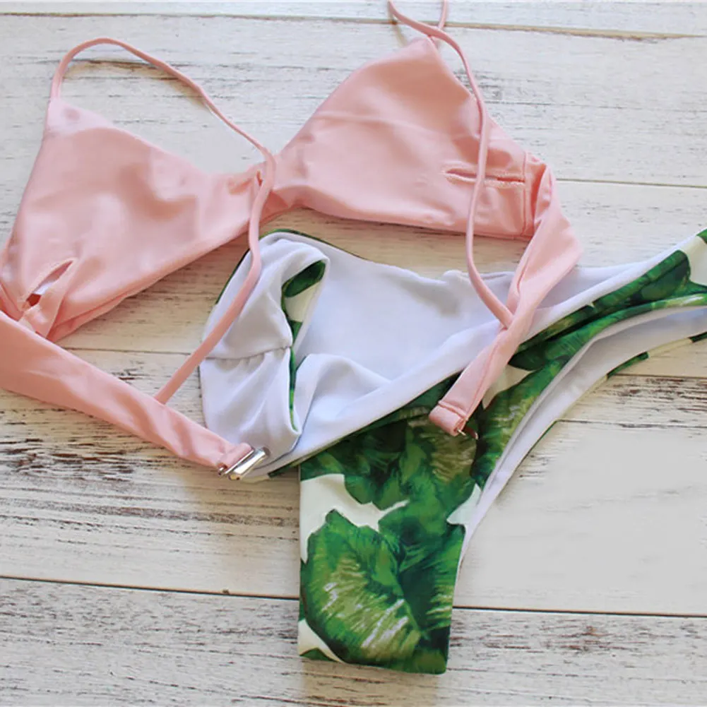 

2017 Women Sexy Push Up Bikini Set Swimwear Print Leaf Swimsuit Biquini Beach Wear Bra+Panties Bathing Suit FH99