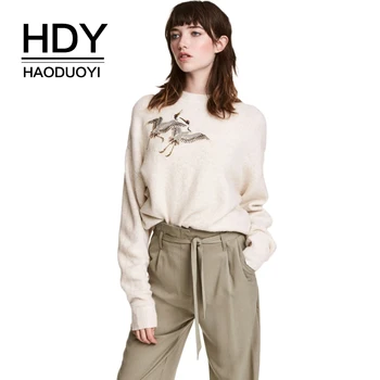 

HDY Haoduoyi Brand Women Beige Casual Sweater Embroidery O-Neck Long Sleeve Soft Elegant Pullovers Female Fashion Tops Lady