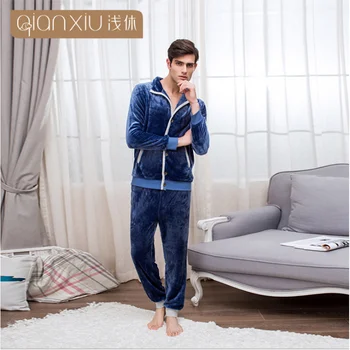

2020 Winter Men Casual Pajama sets Male Thicken Flannel Sleepwear suit Men's stand-up collar Coat & Pants XXL Two-Piece Sets