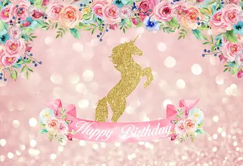 

anniversaire licorne fille Photography Backdrop Vinyl Floral Photo Backgrounds Glitter Golden Unicorn Backdrops fondo unicornio