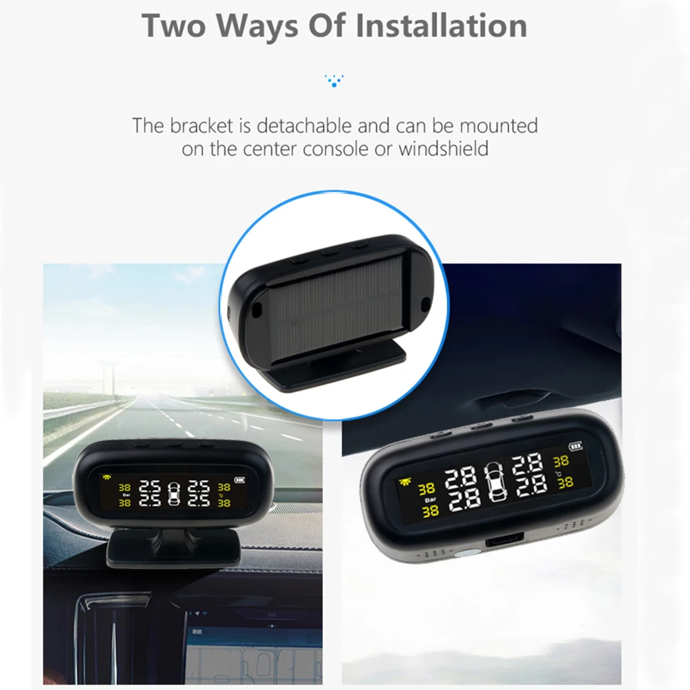 

Two way of installation TPMS solar energy tire pressure alarm monitoring system 4 external sensors with box psi bar lcd display