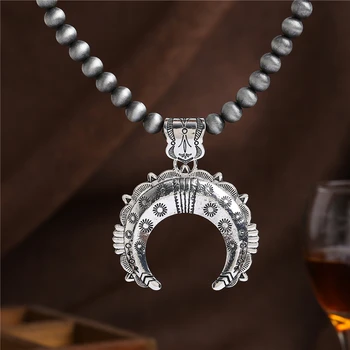 

2018 New Antique Silver necklace Bohemian Style Men Women Crescent Moon Pendant Necklace Gray African Beads Vintage Jewelry