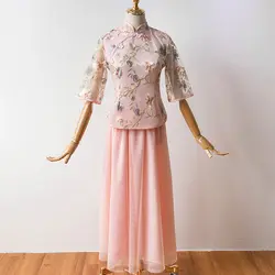 2 шт./компл. модное с рукавами 1/2, вышивкой винтажное современное традиционное розовое китайское свадебное платье Чонсам китайское платье