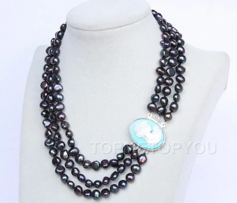 

Free Shipping>>new hot 16"-18" 3row 9mm black pearls necklace seashell clasp E2754