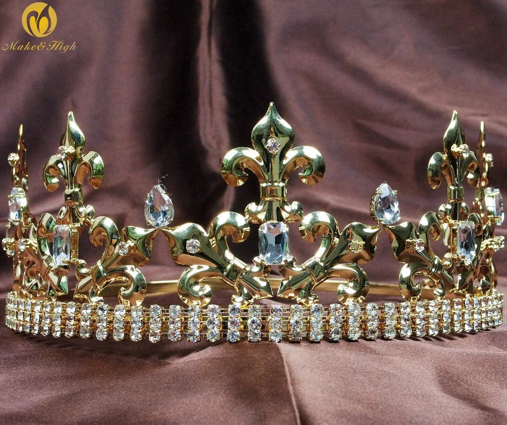 King Prince Gold Tiaras Crowns for Men Imperial Medieval Handmade Clear