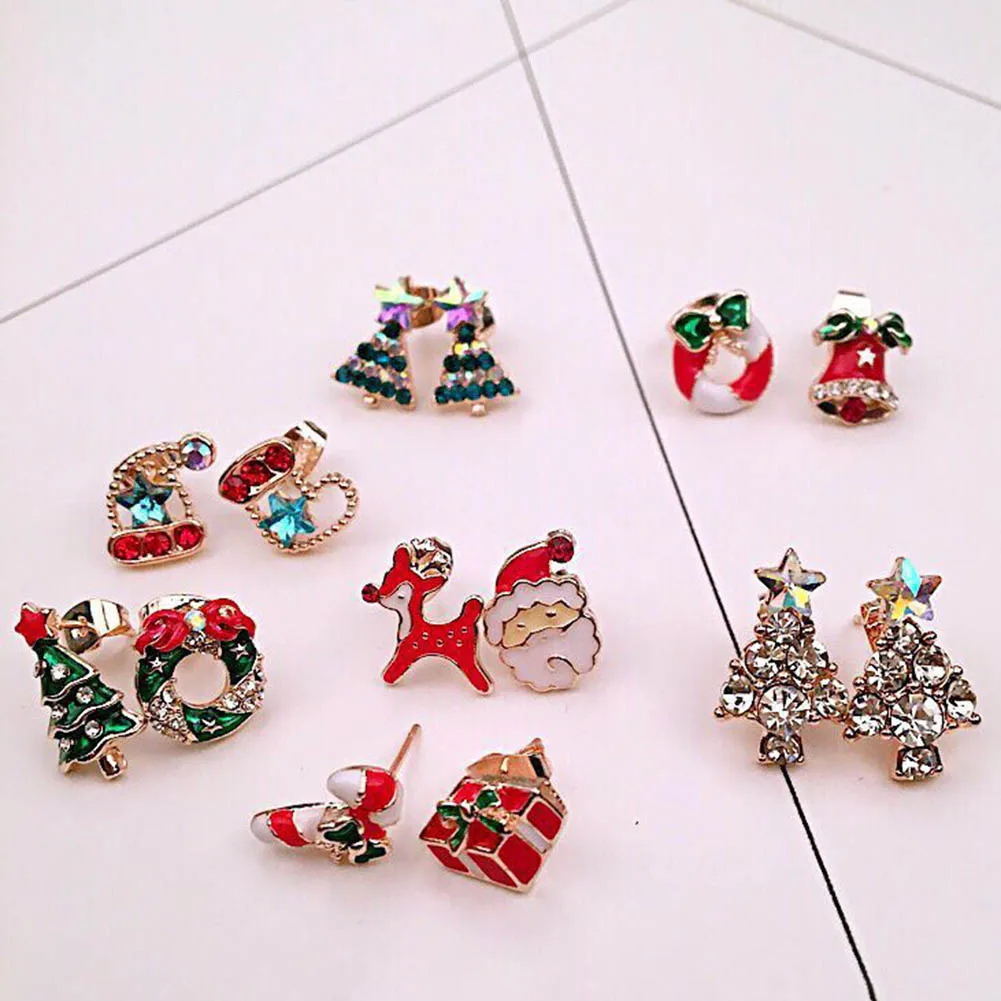 

New Christmas 2019 Tree Snowflake Round Stud Earring for Girl Kid Bell Santa Claus Ear Cuff Earring Festive Gift Jewelry