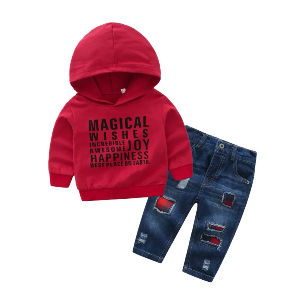 kids clothes Red letters hooded sweater+Patched jeans 2 pieces casual outfit girls clothes set Spring and autumn mock neck ribbed patched sweater