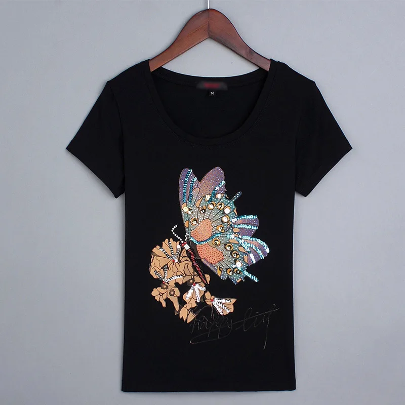 Модная женская футболка, хлопок, топ, лето, винтажная, вышивка бисером, бриллиантами, блестками, Бабочка, футболка для женщин, плюс размер, CS612 - Цвет: Black