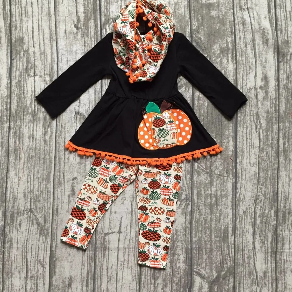 Halloween FALL Winter baby girls outfits 3 pieces scarf black orange top Pumpkin print pom pom