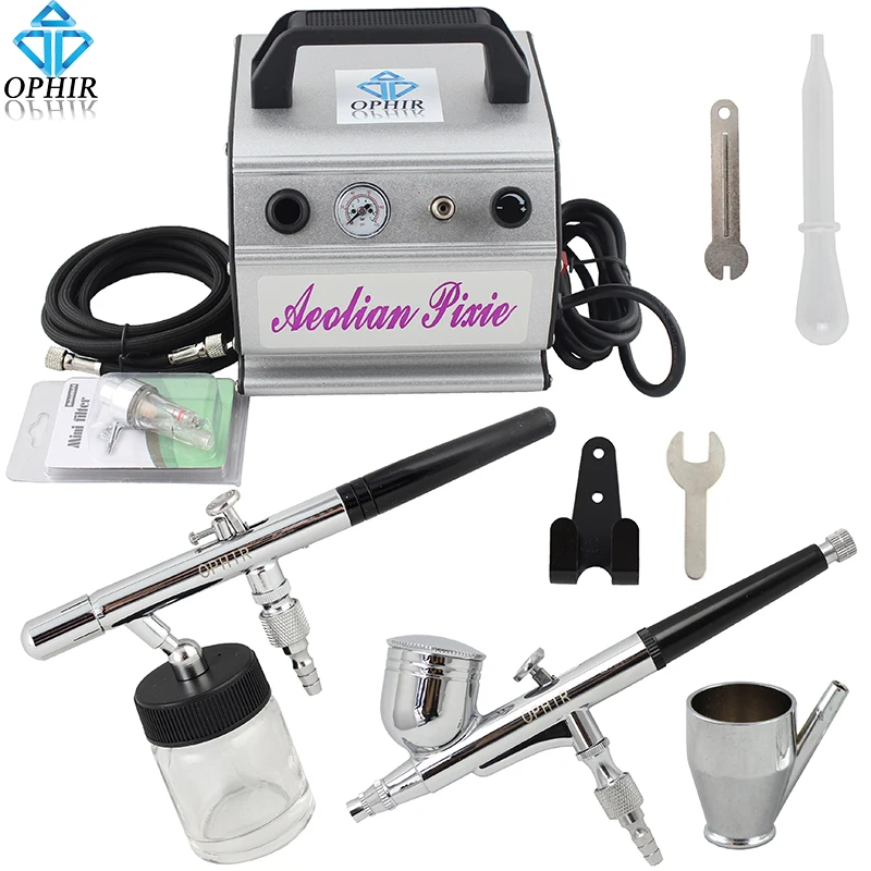 

OPHIR Dual Action 2-Airbrush Air Compressor Kit 110V,220V for Body Paint Car Model Painting Cake Decoration _AC088+004+072