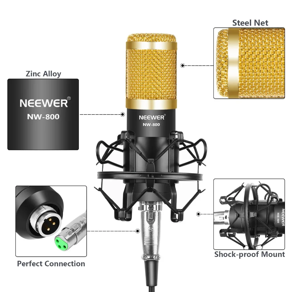 Neewer NW-800 конденсаторный микрофон комплект с USB 48 В фантомный источник питания, NW-35 Подвесная подставка, амортизатор, поп-фильтр