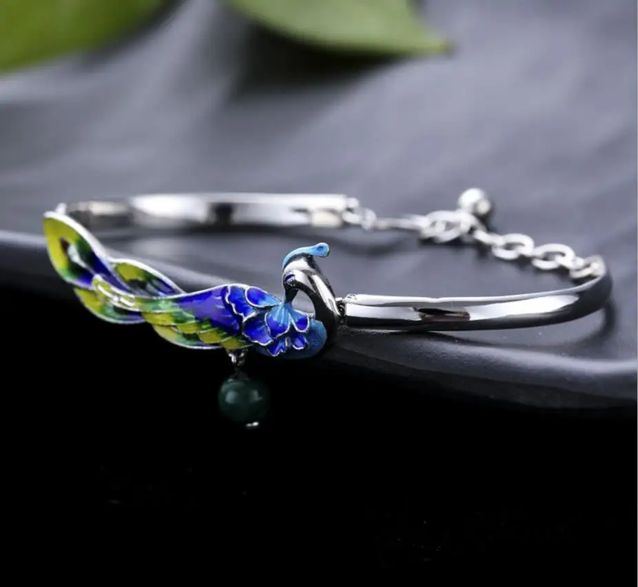 

Fashion Jewelry Hand Made 925 Solid Silver Natural Peafowls Malachite stone Woman Precious Stone Cute Romantic Bracelets