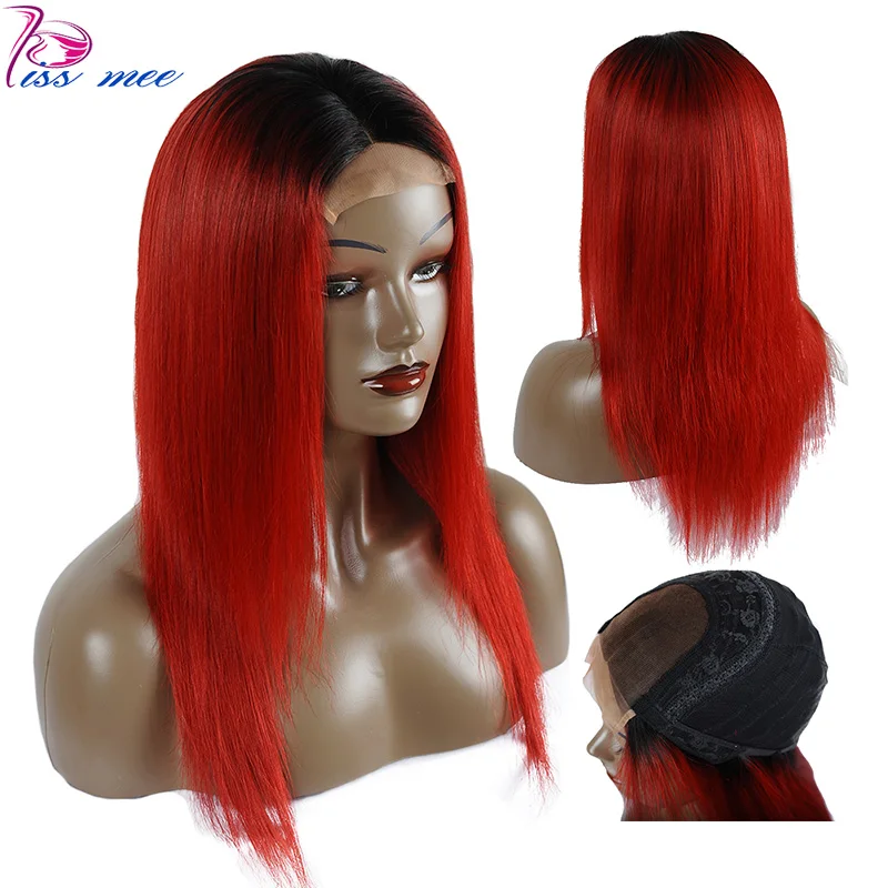 KISSMEE 1B Красный Ombre Синтетические волосы на кружеве человеческие волосы парик бразильский прямо с ребенком волос Боб Кружева Парики Для