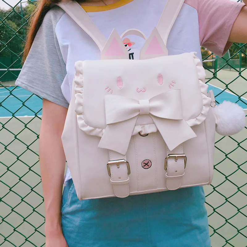 US $29.57 Japan Lolita Girl Embroidered Cat Backpack Lady Lovely Bow Shoulder Bag Kawaii Cartoon Cat Ears Student Bags Mochila Feminina