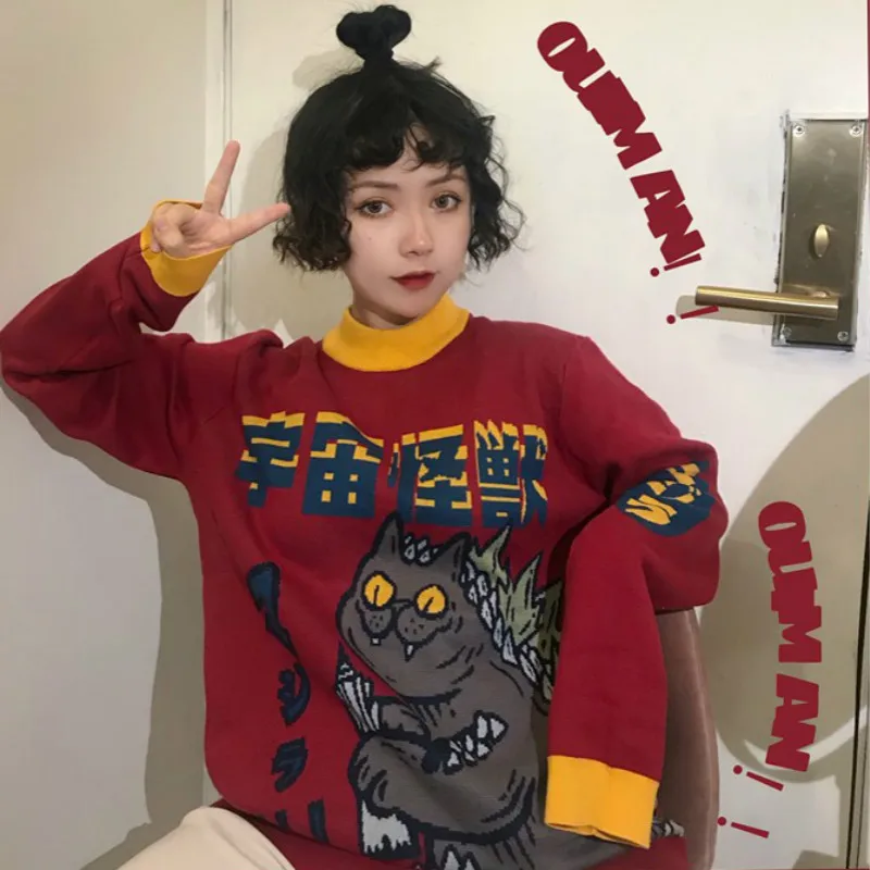 Harajuku Fashion Knitted Women Sweater Cartoon Monster Embroidery Student Sweater Coat Loose Retro Hit Color Pullover Sweater